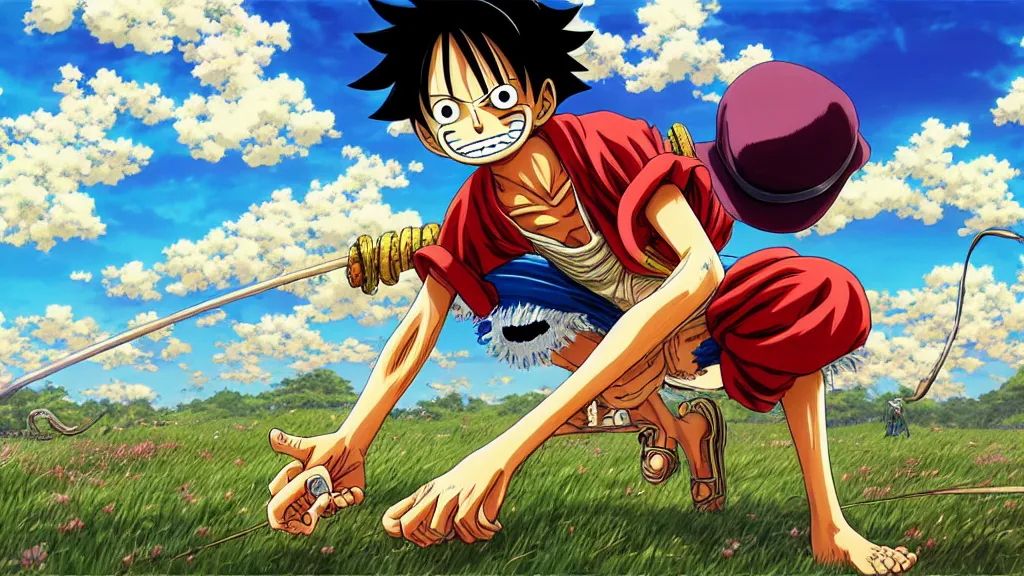 Image similar to luffy in highly detailed manga spread combination of art styles depicting an impactful action scene on open meadow clear sky at noon with expert design fictional characters, dynamic art by sakimi, bright colors, moebius, makoto shinkai, murata, james jean, craig mullins, digital painting, masterpiece, best selling, pixiv, volumetric lighting, realistic shaded lighting, 8 k