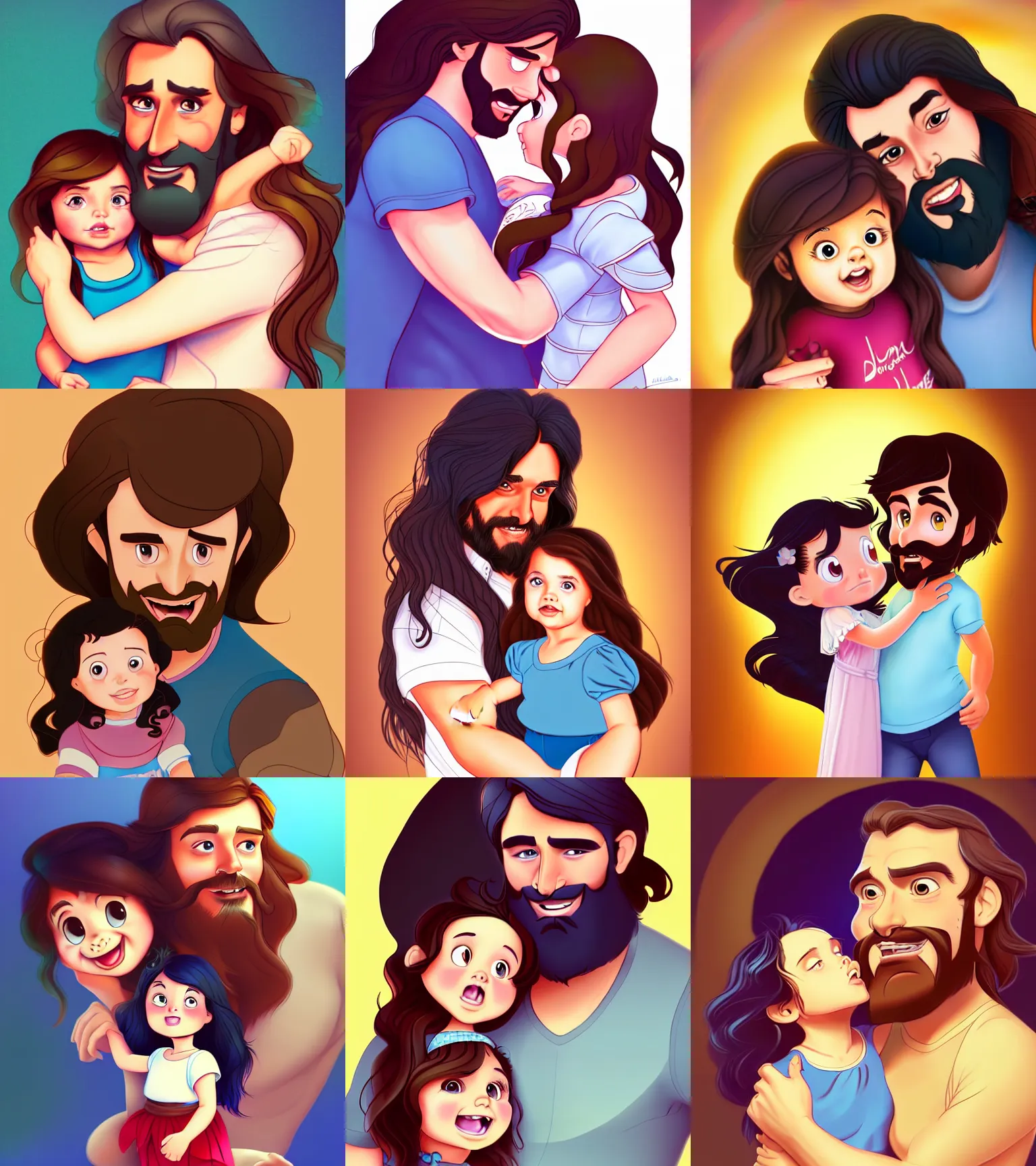 Image similar to a long - haired bearded father and his brunette child toddler girl, love, feeling, happy, full color digital illustration in the style of don bluth, artgerm, artstation trending, 4 k