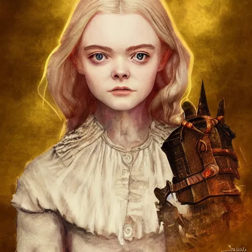 Image similar to Elle Fanning in the painted world of Dark Souls, head and shoulders masterpiece, apocalypse, golden hour, cosmic horror, artstation, in the style of Beatrix Potter, extremely detailed