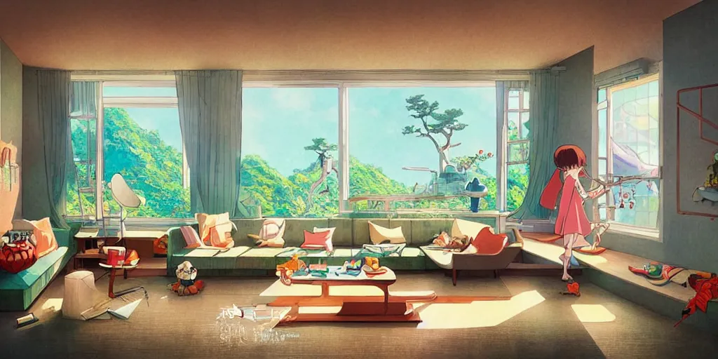 Prompt: a modern livingroom, natural lighting, playful color scheme, intricate details, matte painting, illustration, by hayao miyazaki