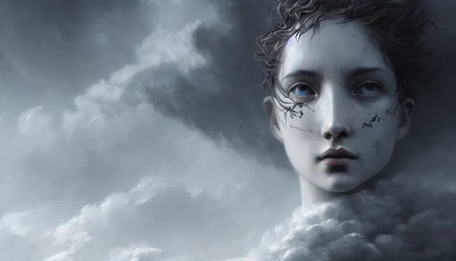 Prompt: face in the clouds, face made out of clouds, dramatic, intricate, elegant, highly detailed, digital painting, artstation, concept art, smooth, sharp focus, illustration, art by gustave dore, octane render