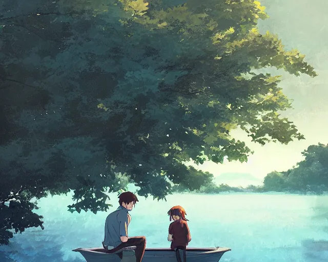 Image similar to a boy and a girl with long flowing auburn hair, boy has short black hair, sitting next to each other, facing the river in one single boat. Atmospheric lighting, long shot, romantic, boy and girl are the focus, trees, blue water, narrow river, close river bank, shady. Anime. By Makoto Shinkai, Stanley Artgerm Lau, WLOP, Rossdraws, James Jean, Andrei Riabovitchev, Marc Simonetti, krenz cushart, Sakimichan, D&D trending on ArtStation, digital art.