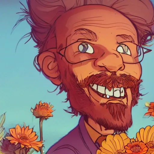 Prompt: portrait of watterson's hobbes, smiling with flowers in hands. sharp focus, cinematic pose, cinematic lighting, unreal engine render. art by josan gonzales and moebius and deathburger.