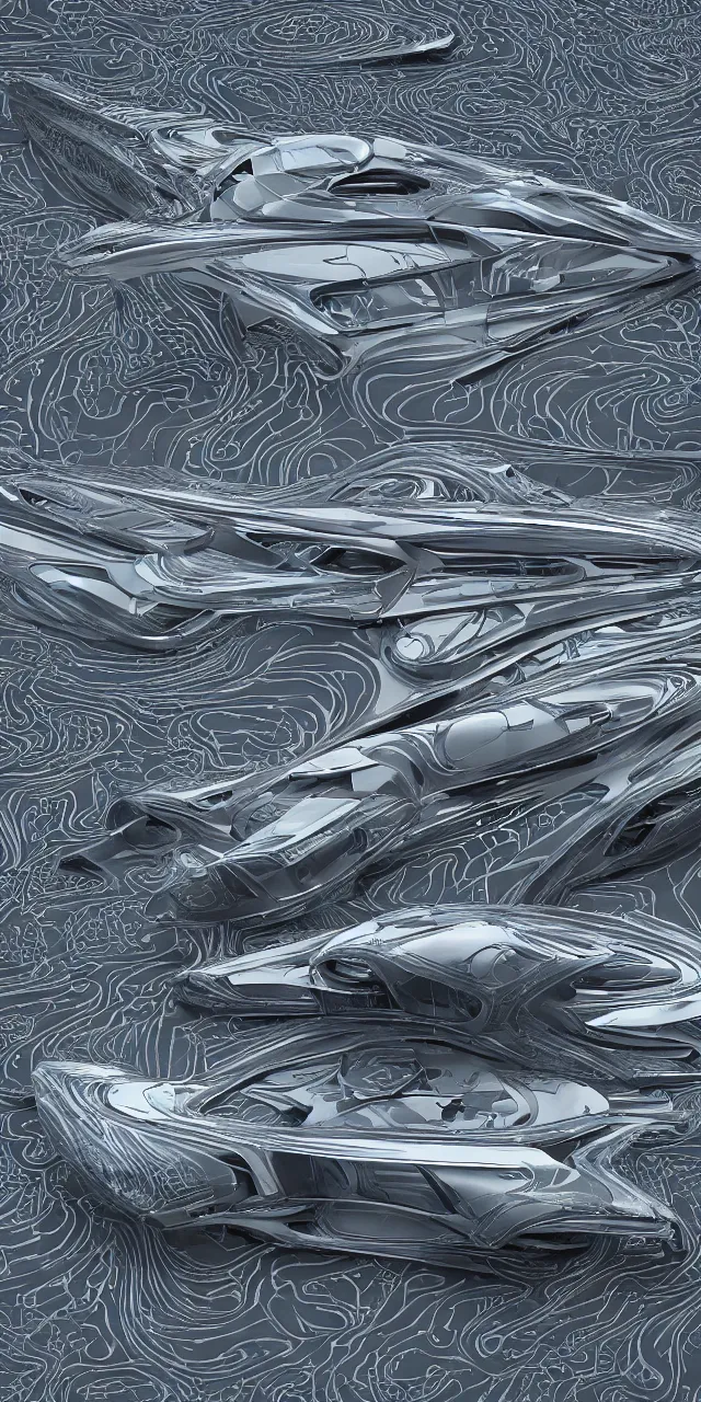 Prompt: A seamless pattern of sci-fi organic zaha hadid car, ash thorp car khyzyl saleem organic car Daniel Simon design in the blade runner 2049 film keyshot product render cloudy plastic ceramic material shiny gloss water reflections, seamless pattern, damask pattern, Octane render in Maya and houdini, vray, large motifs, ultra high detail ultra realism, unreal engine, 4k in plastic dark tilt shift