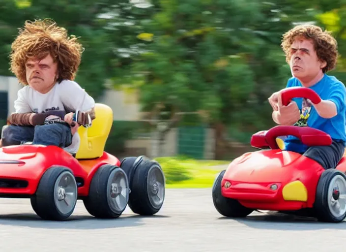 Image similar to peter dinklage racing gary coleman driving a little tikes cars, movie still, from the new fast and furious movie, 8 k, realistic