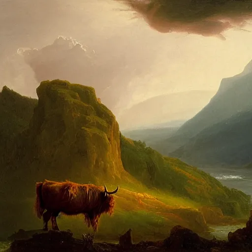 Prompt: oil painting by thomas cole of a highland cow standing on a cliff overlooking a river valley at dawn with a storm approaching.