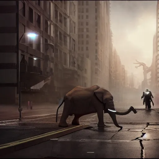 Image similar to apocalyptic, a terminator elephant walking on the future street. smoke. volumetric lighting, sharp focus, ultra detailed, cgsociety - w 1 0 2 4 - n 8 - i