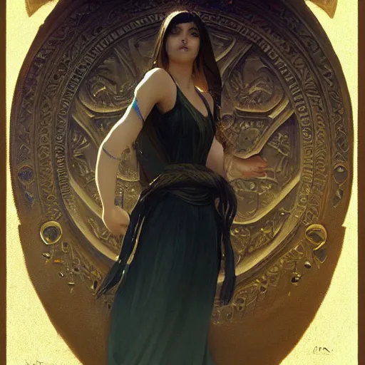 Image similar to A twenty year old Mesopotamian witch in training, in a major Mesopotamian city, highly detailed, digital painting, artstation, concept art, sharp focus, illustration, cinematic lighting, art by artgerm and greg rutkowski and alphonse mucha