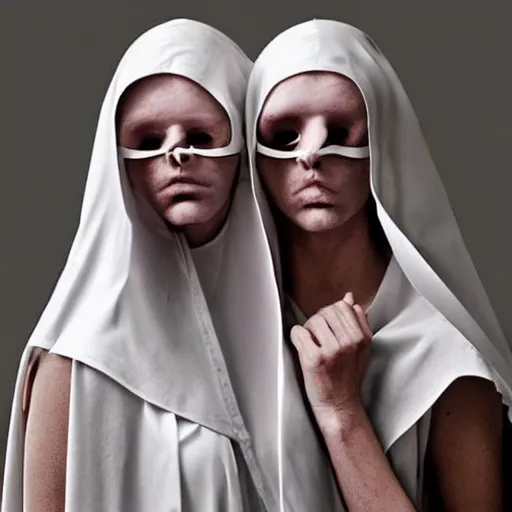 Image similar to hyper realistic, award winning photo two Hovering twin nuns wearing hoods, buxom chested blindfolded wearing translucent veils see through dress, Very long arms, floating nuns, bedroom, eerie, frightening, highly detailed, photorealistic, colorized —width 1024 —height 1024