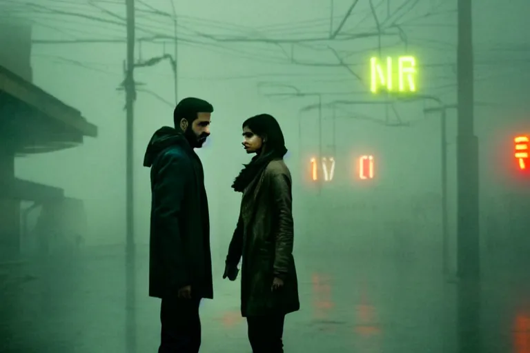 Prompt: film still of closeup beautiful model indian couple in blade runner 2 0 4 9, train station, cinematic, moody, gritty neon noir by emmanuel lubezki