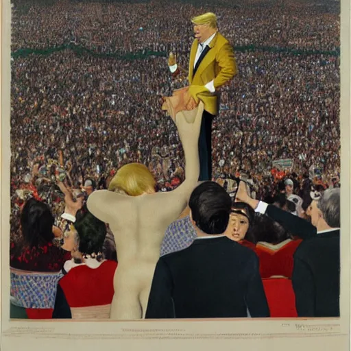 Image similar to enoumous crowd of millions of people, everyone is laughing and pointing at donald trump on a podium. he is not wearing pants and his legs are visible. painting by salvador dali.