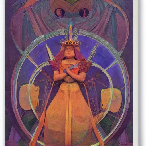 Image similar to the little robot queen in her regalia, by annie swynnerton and diego rivera and nicholas roerich, symbolist, dramatic lighting, elaborate geometric ornament, smooth, sharp focus, extremely detailed, leo and diane dillon, adolf wolfli, soft pastel colors