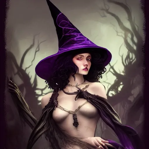 Prompt: an insanely detailed portrait of a beautiful witch with long dark purple hair standing in an smoky alchemy lab, tightly fitting black ornate dress and black witch hat, in the style of peter mohrbacher, artgerm, dramatic lighting and composition, octane render, trending on artstation, concept art 8 k