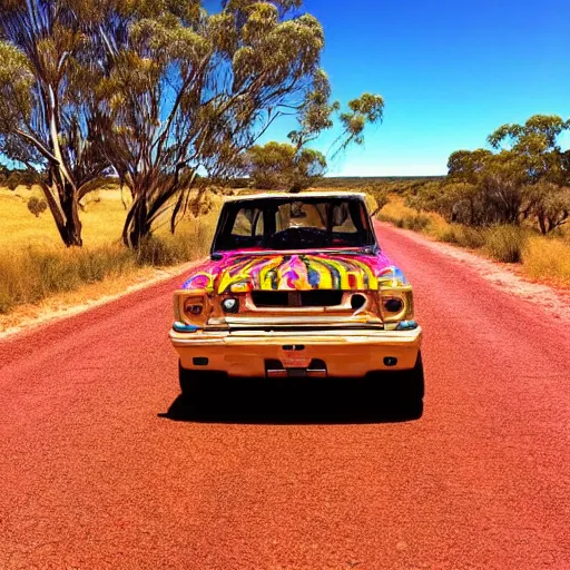 Image similar to driving a car in the australian bush outback psychedelic