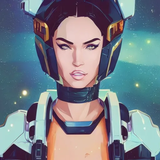 Image similar to portrait of beautiful megan fox gundam pilot, with an intricate, detailed, urban inspired hiphop afro futuristic helmet, vector behance hd jesper ejsing, rhads, makoto shinkai, lois van baarle, ilya kuvshinov, rossdraws, hd, 3 2 k, ilya kuvshinov, gustav klimt