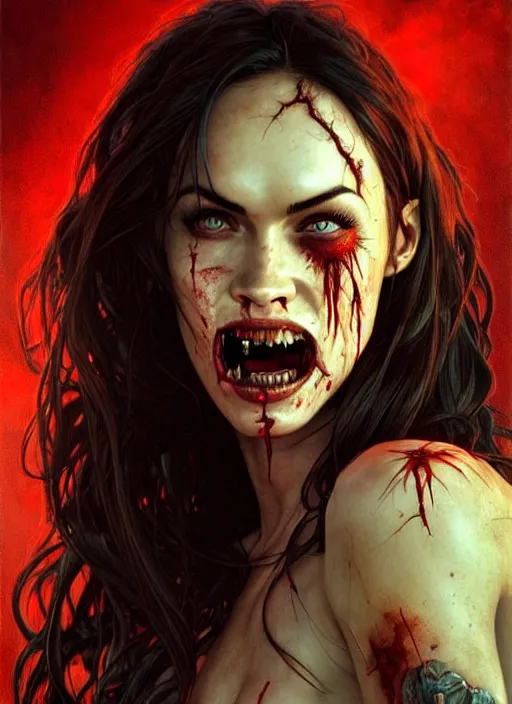 Image similar to portrait of megan fox as bloodthirsty damaged toothsome zombie, once upon a time, open mouth with sharp bloody teeth, intricate, headshot, highly detailed, digital painting, artstation, concept art, sharp focus, cinematic lighting, illustration, art by artgerm and greg rutkowski, alphonse mucha, cgsociety