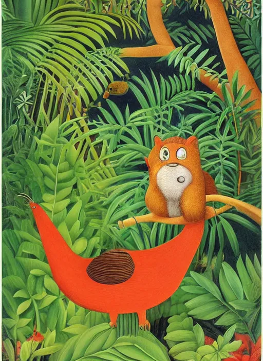 Prompt: rare bird in the jungle, highly detailed, style of henri rousseau and richard scarry and hiroshi yoshida