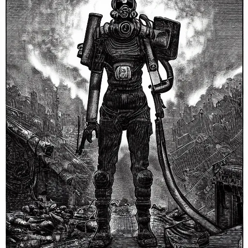 Image similar to Fallout, soldier with a gasmask, dark clouds, fire, burning, dark, eerie, night, dystopian, city, eldritch, illustration by Gustave Doré