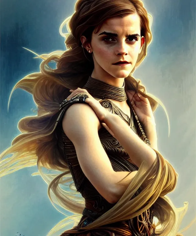 Image similar to Emma Watson as a dune princess, sci-fi, amber eyes, face, long hair, fantasy, intricate, elegant, highly detailed, digital painting, artstation, concept art, smooth, sharp focus, illustration, art by artgerm and greg rutkowski and alphonse mucha