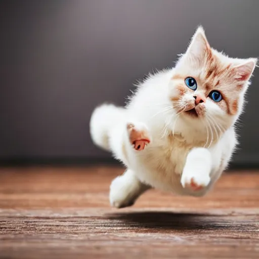 Image similar to cute chibi adorable beautiful kawaii munchkin cat running after postman, professional food photography