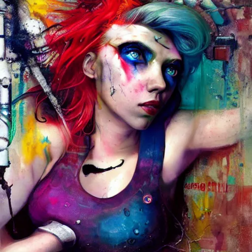 Image similar to drunken scarlett johansson as delirium from sandman, one green eye and one blue eye, ( hallucinating colorful soap bubbles ), by jeremy mann, by sandra chevrier, by dave mckean and richard avedon and maciej kuciara, 8 0's, punk rock, tank girl, high detailed, 8 k