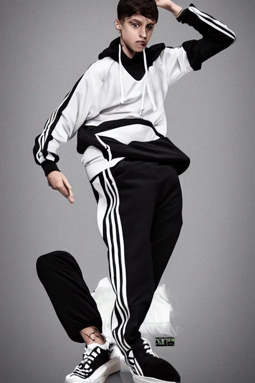 Image similar to young man angry gopnik in black tracksuit, expressive, adidas, style of JoJo's Bizarre Adventures manga