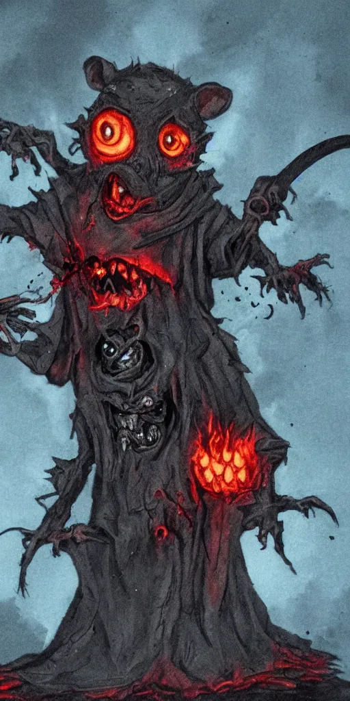 Prompt: an undead rat with rotted face and glowing red eyes wearing black tattered robes and holding two blue flames