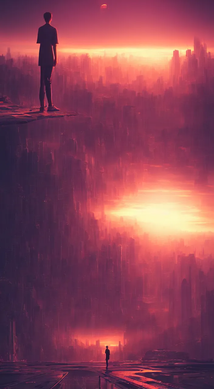 Image similar to alone person tempted by the desperate call of the void, futuristic cityscape, wide shot unreal 5 render, studio ghibli, vivid colors, beautiful sunset, digital art, octane render, beautiful composition, trending on artstation, award winning photograph, masterpiece