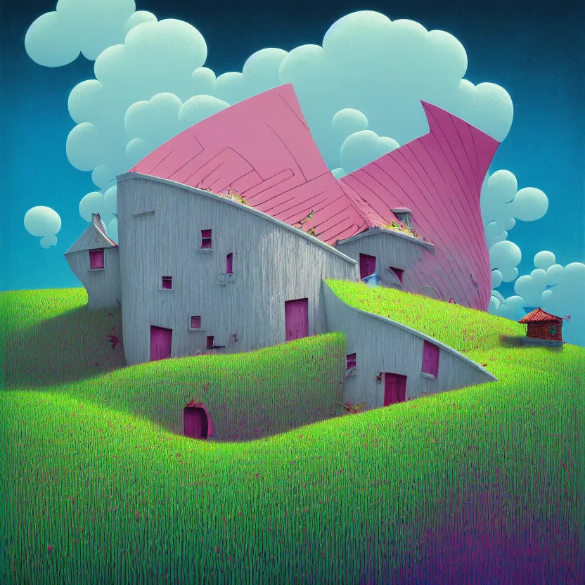 Image similar to house by calatrava, white sea cloud, summer morning, very coherent and colorful high contrast, art by! gediminas pranckevicius! geof darrow, pastel color, volumetric lighting, cinematic, floralpunk screen printing woodblock, dark shadows, hard lighting, stippling art