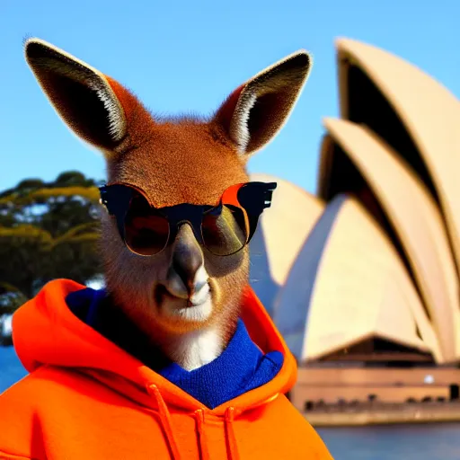 Prompt: a portrait photo of a kangaroo wearing an orange hoodie and blue sunglasses standing on the grass in front of the sydney opera house ( ( ( holding a sign on the chest that says welcome friends ) ) ), subject : kangaroo, subject detail : wearing orange hoodie, wearing blue sunglasses, subject location : sydney opera house, subject action : ( ( ( holding sign ) ) )