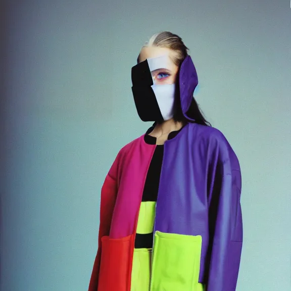 Image similar to model in futuristic full face mask wearing baggy colorful 9 0 s jacket by rick owens. magazine ad. pastel brutalist background.