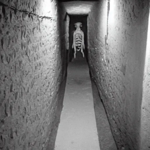 Prompt: creepy, incredibly tall, skinny and pale creature lurking in the catacombs captured on film camera