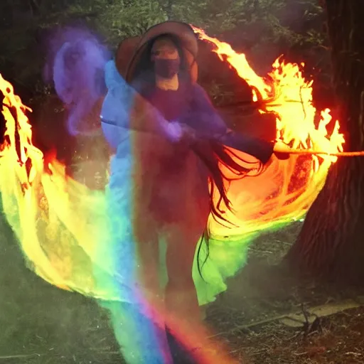 Image similar to rainbow fire burning a witch during salem trial