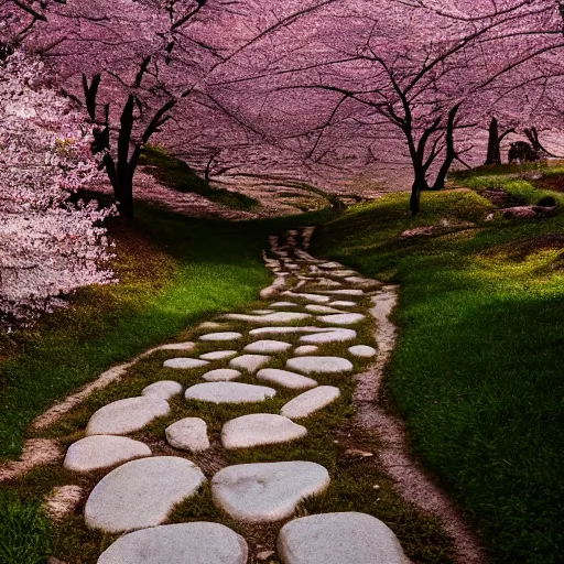 Image similar to stone path through a cherry blossom filled valley leading to a monastery. adult swim, minimalistic