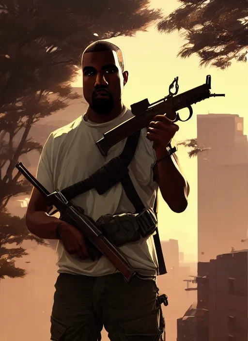 Image similar to highly detailed portrait kanye holding ak 4 7 in gta v stephen bliss unreal engine fantasy art by greg rutkowski loish rhads ferdinand knab makoto shinkai lois van baarle ilya kuvshinov rossdraws tom bagshaw global illumination radiant light detailed intricate environment