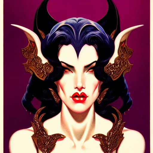 Prompt: head and shoulders portrait of Morrigan of Darkstalkers illustration, medium shot, intricate, elegant, highly detailed, digital art, ffffound, art by gil elvgren and sachin teng