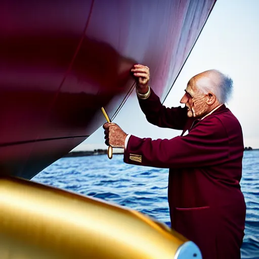 Image similar to wrinkled hunchbacked old man in musty burgundy suit, polishing painting the side of a gold plated mega yacht with a cloth, maintenance photo