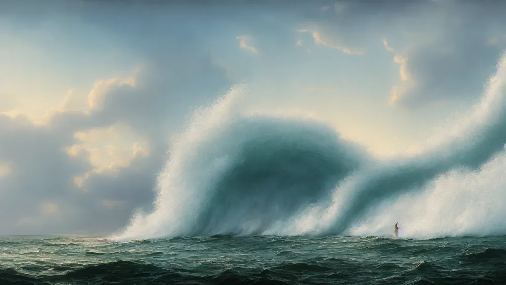 Image similar to first person view of breaking waves on the shore, summer, delicate fog, sea breeze rises in the air, by andreas rocha and john howe, and Martin Johnson Heade, featured on artstation, featured on behance, golden ratio, ultrawide angle, f32, well composed