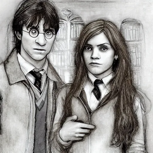 Prompt: Harry Potter Ron and Hermione in the Hogwarts common room, drawn by Mikhail Vrubel, hyper realistic face