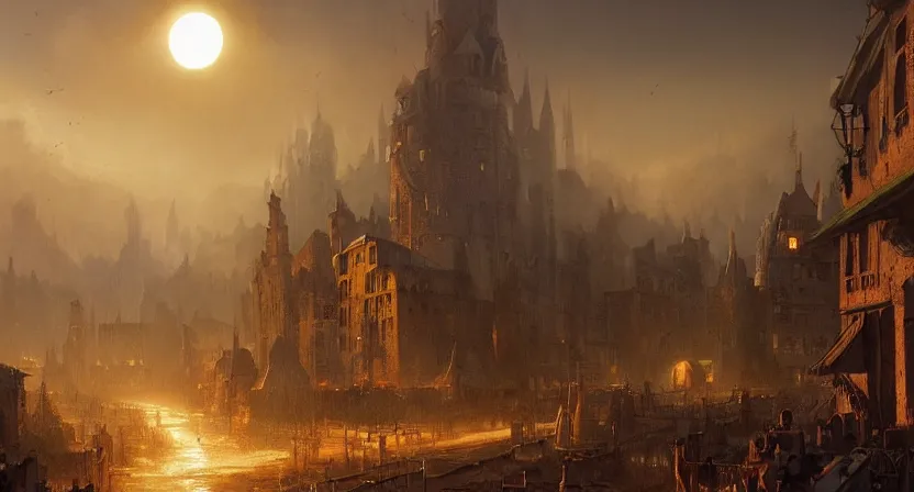 Prompt: A digital concept art painting of a medieval town in a strange alternate dimension, solar eclipse, rift in the sky, dragon, zombies, misty streets, golden hour, by Greg Rutkowski, trending on Artstation