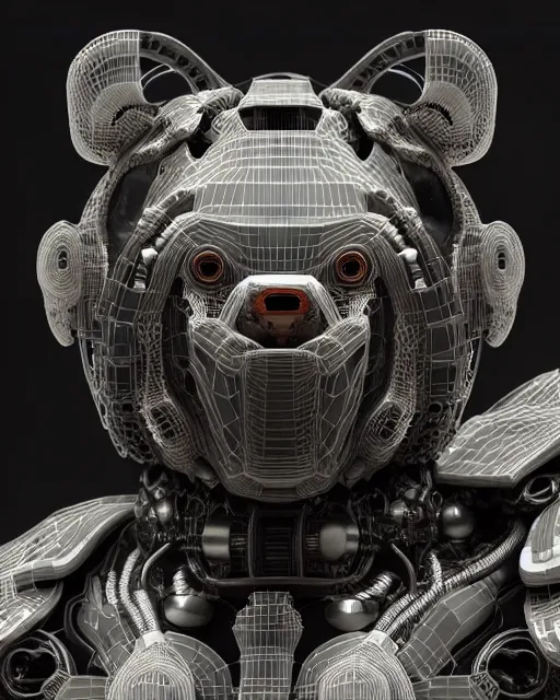 Prompt: potrait complex 3 d render hyper detail portrait of a mechanical bear cyborg, sci fi, full body, intricate, art by kazuhiko nakamura and hajime sorayama, 8 k octane detailed render, post - processing, extremely hyperdetailed, intricate futuristic mechanic parts, maya, dark background, sharp focus, blender, cinematic lighting + masterpiece, trending on artstation