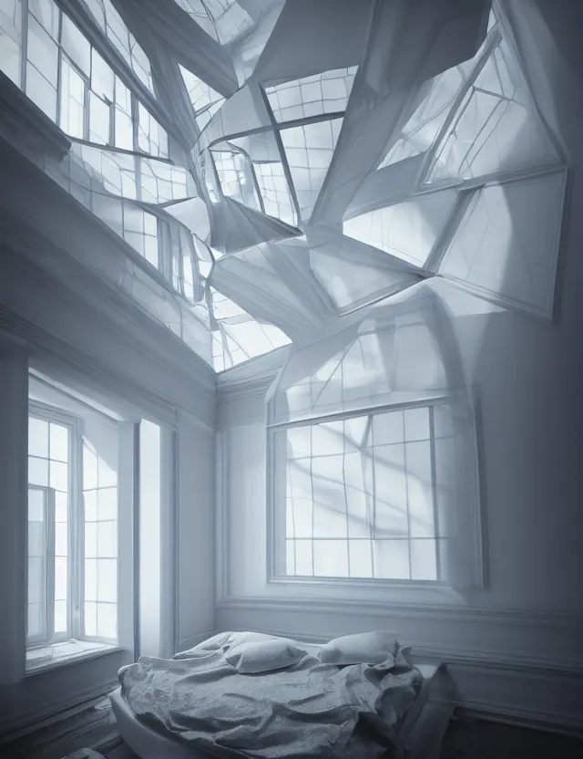 Prompt: dreamlike photo of floating bed above floor in a giant room with bright windows opening to other dimensions by andrzej sykut by lee madgewick, photorealistic, folded geometry, octane render, recursive, high contrast, pretty color, multiverse!!!!!!, labyrinthine, optical illusion, impossible angles