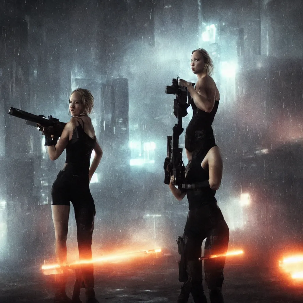 Prompt: jennifer lawrence in a cyberpunk movie in a distopic futuristic city in the style of bladerunner, wearing a cropped black tank top, sexy black shorts and black boots, firing a gun, muzzle flash, movie still, highly detailed, rainy night, volumetric lights, studio lighting, intense, scifi action scene, sharp focus, red color scheme, by ridley scott