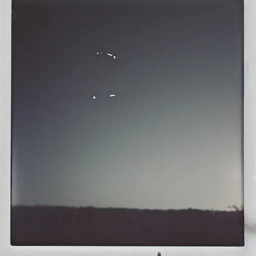 Prompt: an unidentifiable flying object flying through the sky, blurry photo, old polaroid, expired film, historical photo,