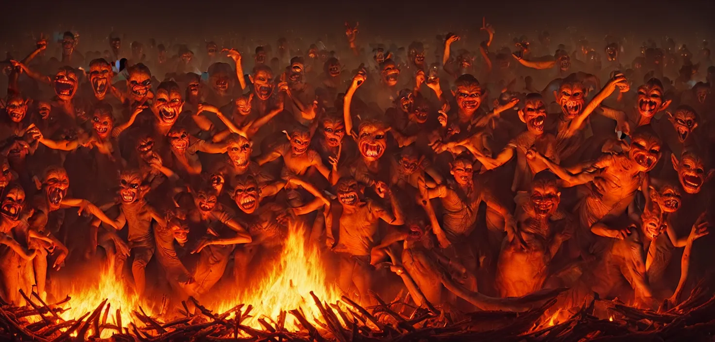 Image similar to oil matte painting, closeup portrait of ugly creepy goblins dancing around a bonfire at ba rave cheering dancing beautiful cinematic light deep focus, elegant, digital painting, smooth, sharp focus, golden ratio, dramatic illumination, ultra realistic, 8 k, art by greg rutkowski wlop rossdraws