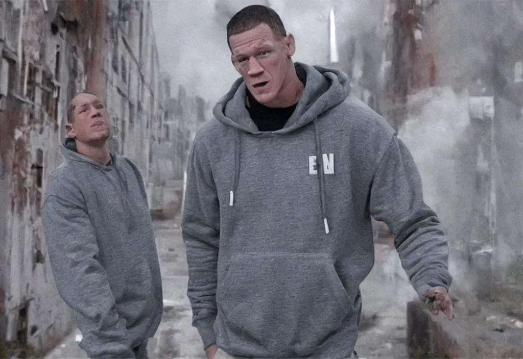 Prompt: john cena with a gray cap and a gray hoodie with the hood on. He's in a rap battle at an abandoned warehouse. Lose yourself by eminem music video.