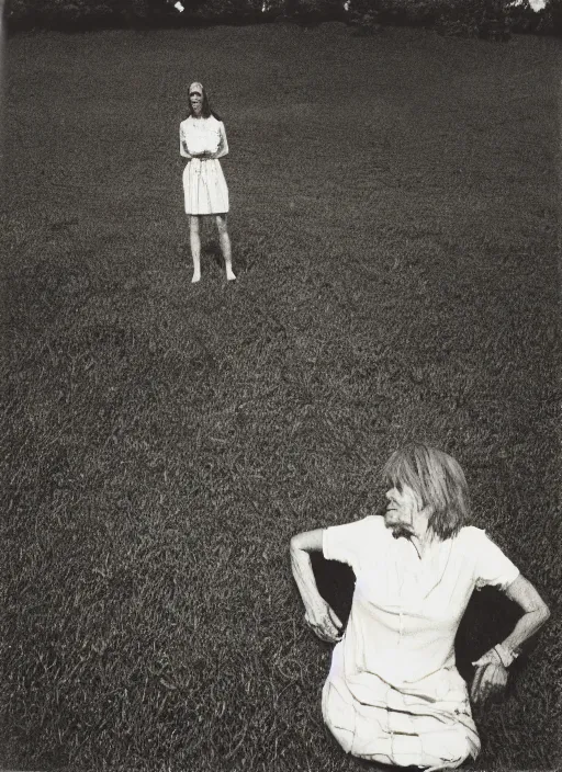 Image similar to woman at lawn, polaroid photography in style of andrey tarkovski, 35mm, film photo