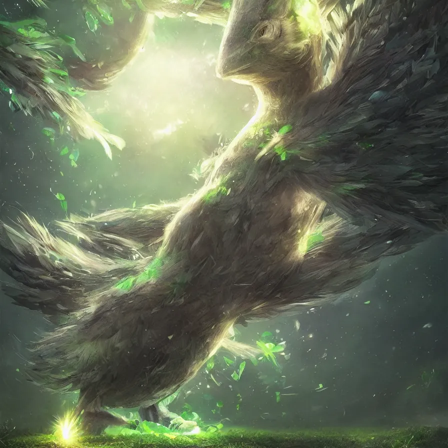 Image similar to a cute beautiful earth type pokemon, green feathers bursting out of his hair, full body shot, highly detailed digital art, 3 d perspective, award - winning illustration, aesthetic, smooth, pokemon style, made by greg rutkowski, with an alien landscape in the background