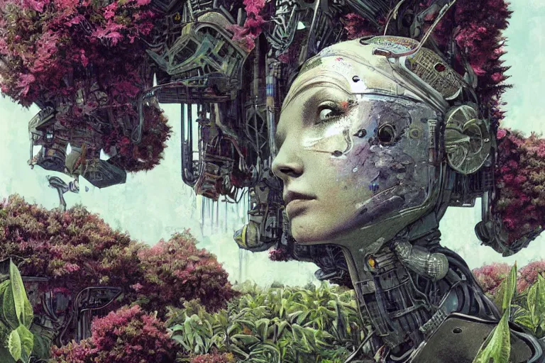 Prompt: gigantic robot - girl head floating in the space, a lot of exotic plants, trees, flowers, oldschool vintage sci - fi flat surreal grainy design, super - detailed, painting by enki bilal, hd, 4 k, high quality