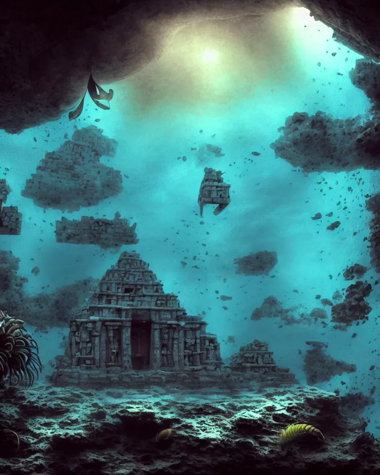 Image similar to full color, wide shot, submerged pre - incan temple, dark, underwater, symmetrical, bubbles, abyss, grenada underwater sculpture park, anime style mixed with fujifilm, detailed gouache paintings, stylized, dark, murky, foggy, atmospheric, artstation, cgsociety, octane render, cgi, unreal engine 5, denoise, cinematic masterpiece